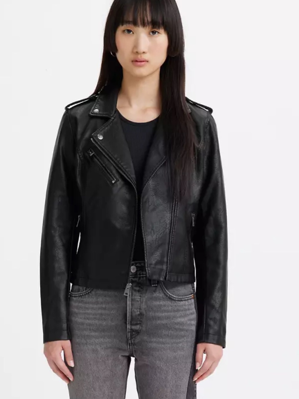 Medium Levi Faux Leather Moto Jacket black with pockets